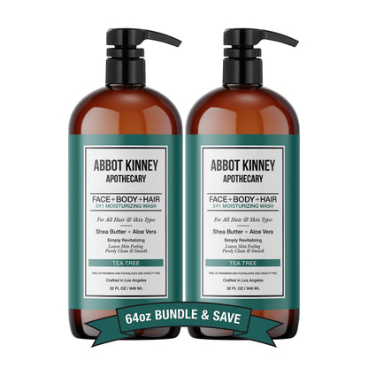 ABBOT KINNEY APOTHECARY Men's Tea Tree 3-in-1 Wash – Shampoo, Conditioner & Body Wash, 32oz (2-Pack)