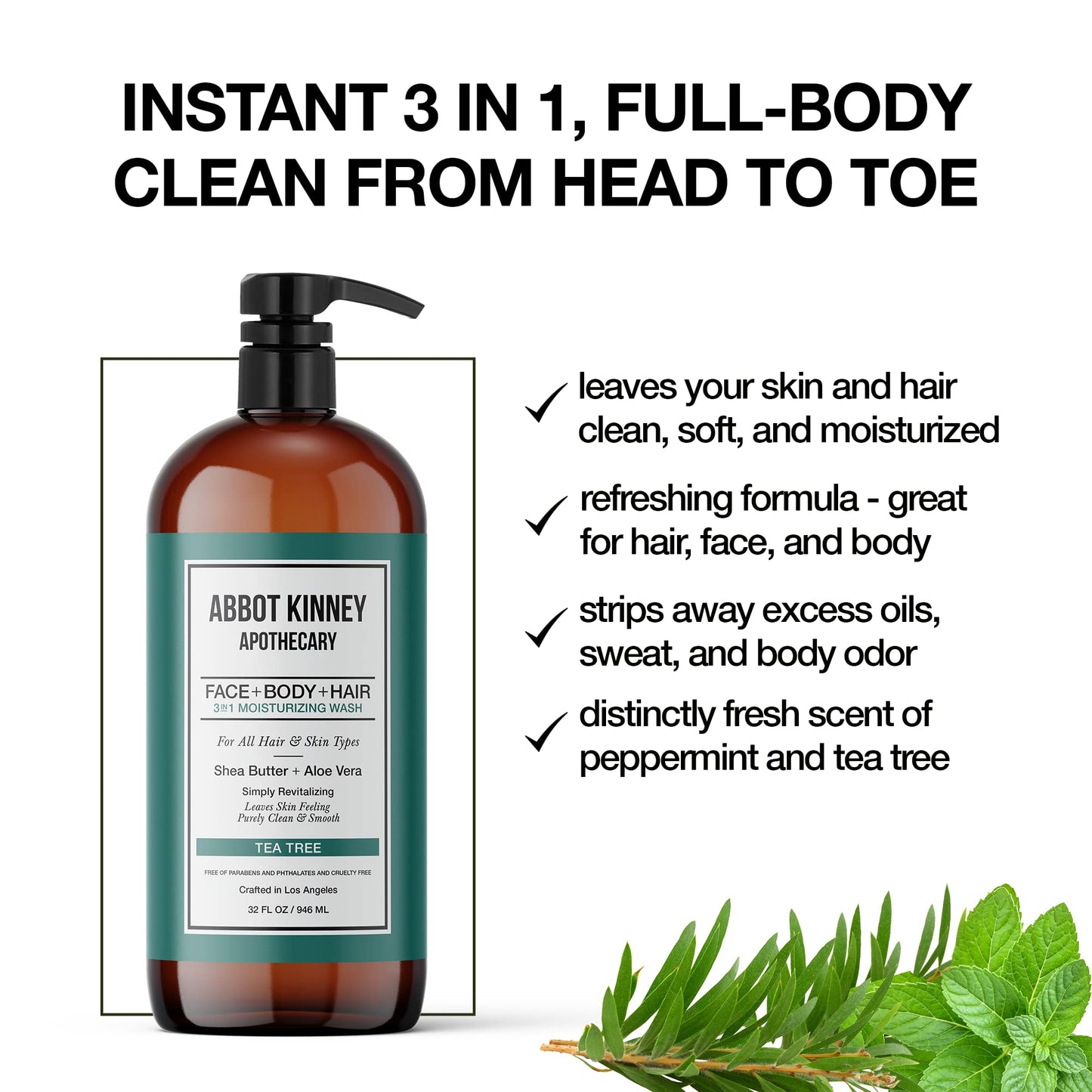 ABBOT KINNEY APOTHECARY Men's Tea Tree 3-in-1 Wash – Shampoo, Conditioner & Body Wash, 32oz (2-Pack)
