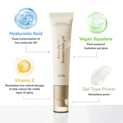 Abib Airy Clear Sunscreen Gel SPF30 – Semi-Matte, No White Cast, Pore-Refining Primer