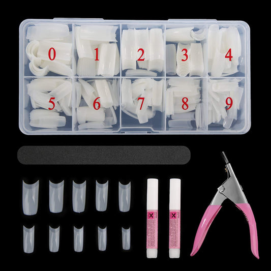 Abodhu Acrylic Nail Tips Kit 500 Pcs – Coffin Half Cover Nails with Glue, Files, Clip & Case