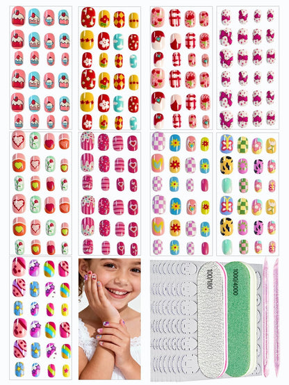 ABOLINE 229PCS Press On Nails Kit for Girls – 12 Sizes, 9 Styles, Glue-On Nails
