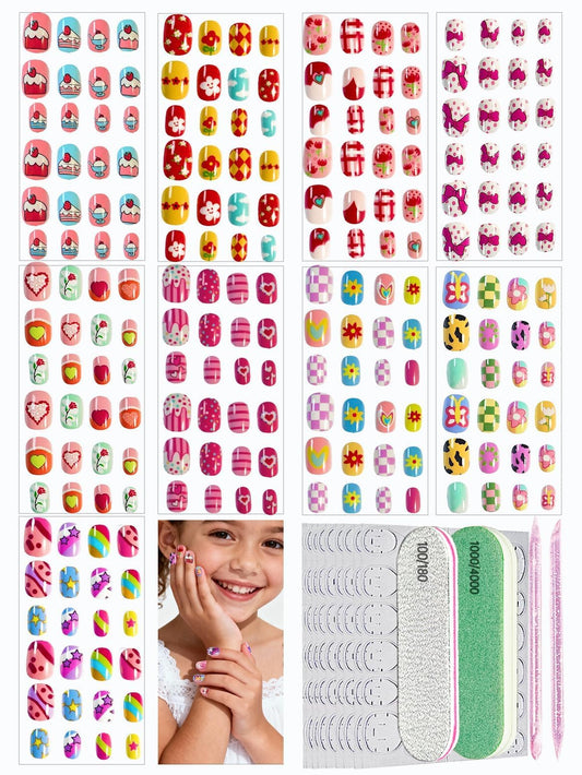 ABOLINE 229PCS Press On Nails Kit for Girls – 12 Sizes, 9 Styles, Glue-On Nails