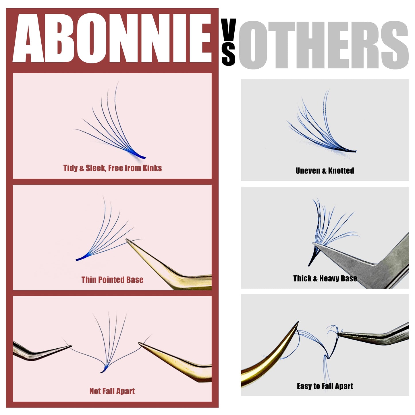 ABONNIE Colored Premade Lash Fans – 400pcs Tray, 6D 16mm, D Curl, 10-Color Mix
