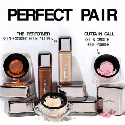 about-face Curtain Call Set & Smooth Loose Powder Ovation – Lightweight, Oil-Absorbing Setting Powder (0.35 oz) in Very Deep – Vegan & Cruelty-Free