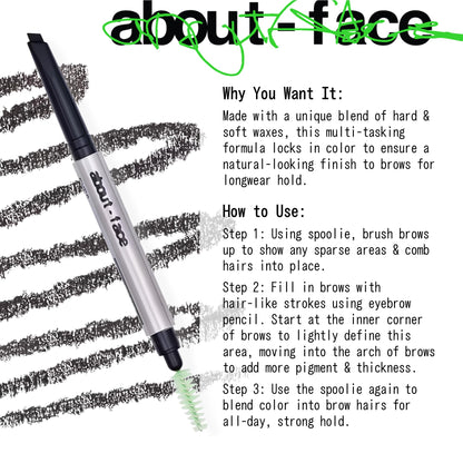 about-face Brow Artist: Long-Wear Brow Pencil with Built-In Spoolie – Clean, Vegan, Cruelty-Free – 0.007 oz – Eight – Soft Black