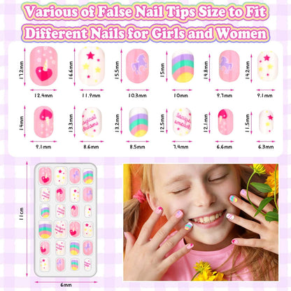 Acejoz 144-Pcs Kids Press-On Nails Kit with Glue, Tips & Gift Set for Girls 8-12