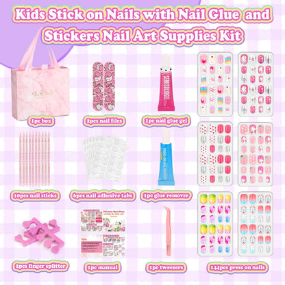 Acejoz 144-Pcs Kids Press-On Nails Kit with Glue, Tips & Gift Set for Girls 8-12