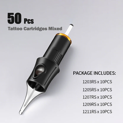 Ackbun 50 12RS Mixed Tattoo Cartridge Needles – 10Pcs Each (3RS/5RS/7RS/9RS/11RS) | Sterilized & Individually Packaged