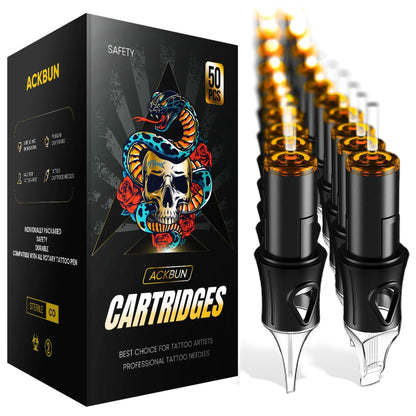 Ackbun 50 1209RL Tattoo Cartridges – 50 Pack, Sterilized, Durable, Sharp Tips, Universal Rotary Pen Compatibility