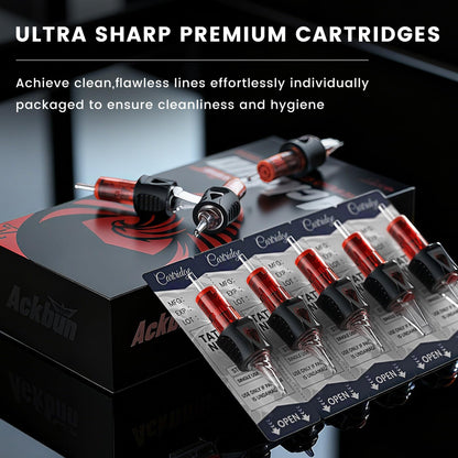 Ackbun 50 Pack Mixed Size Tattoo Needle Cartridges — Finger Ledge, Membrane, Stainless Steel