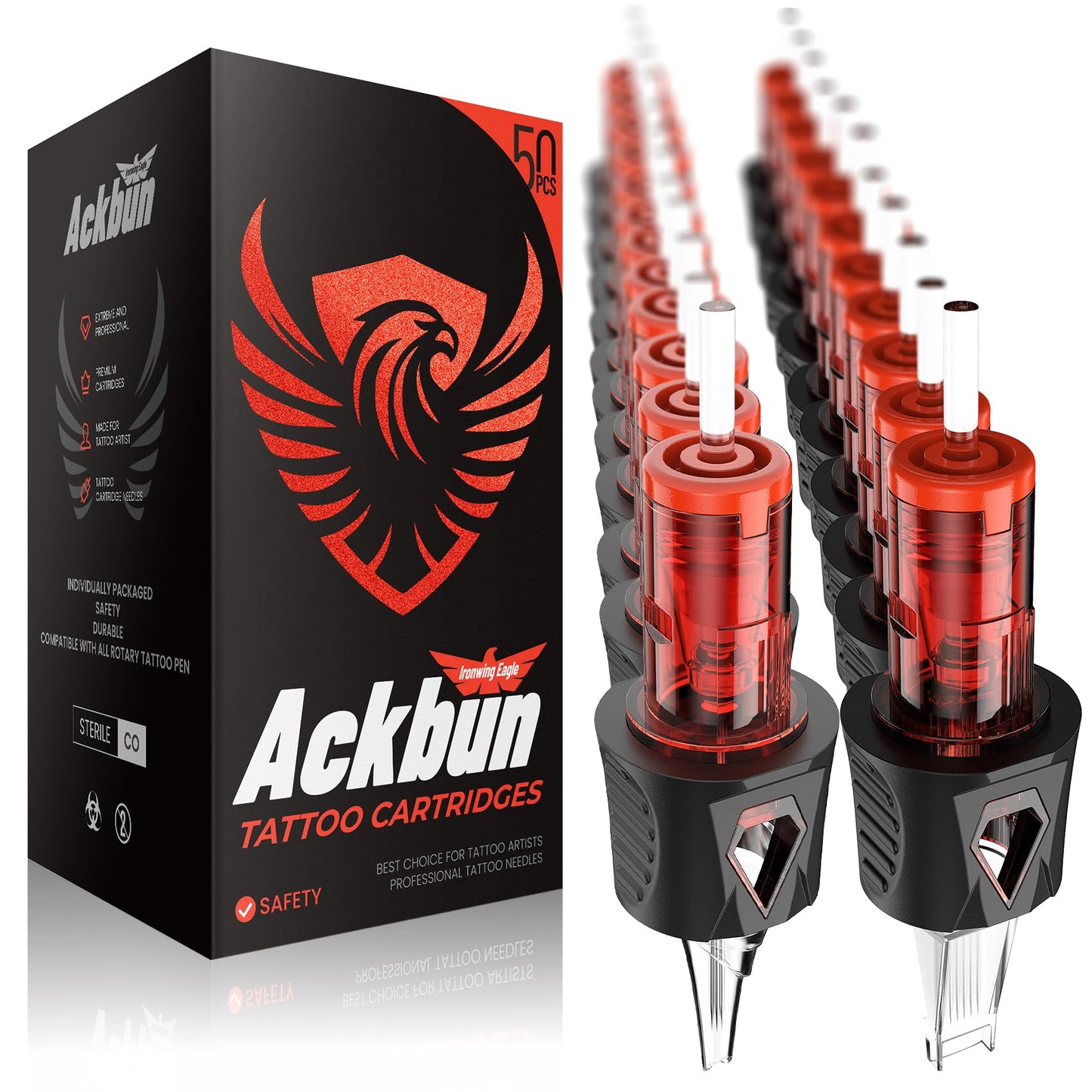 Ackbun 50-Pack Mixed Size Tattoo Needles — Finger Ledge Cartridges (1205RL/1207RL/1209RS/1207RM)