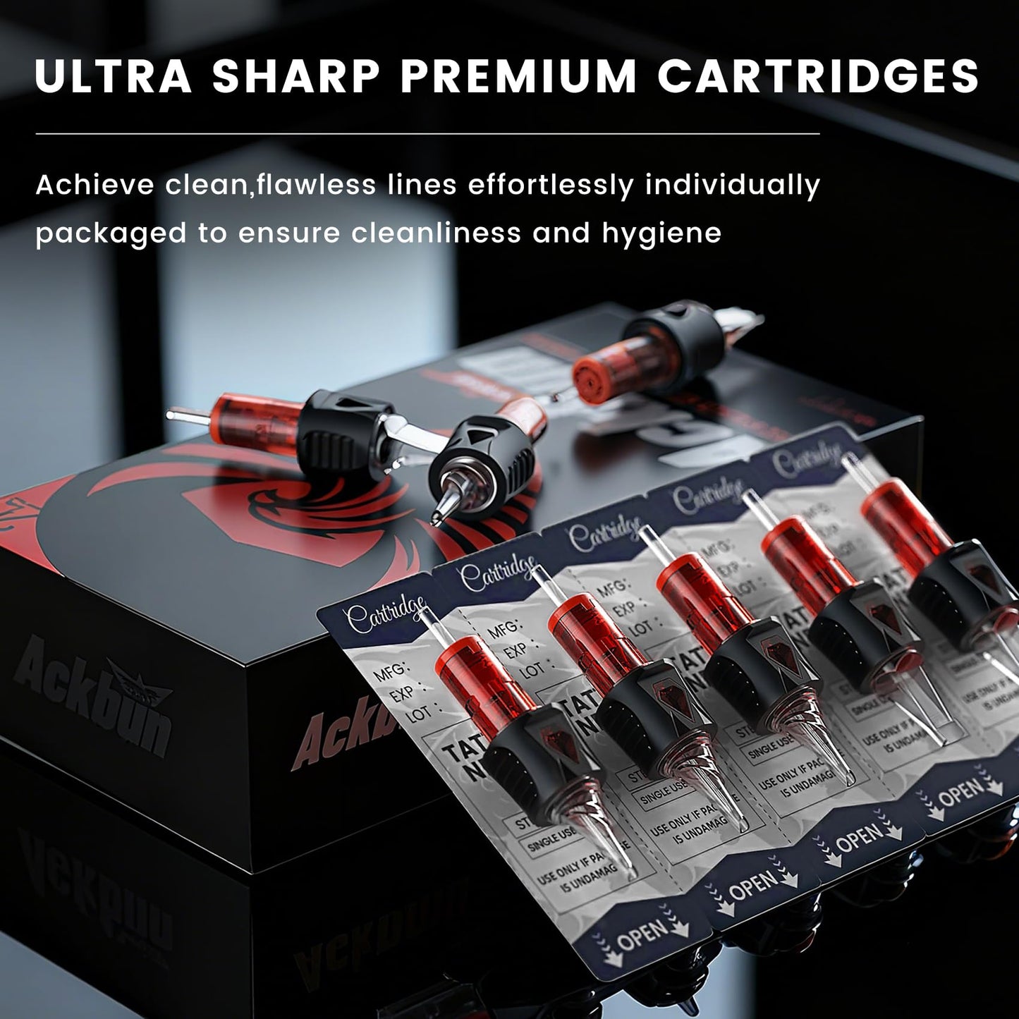 Ackbun 50-Pack Mixed Size Tattoo Needles — Finger Ledge Cartridges (1205RL/1207RL/1209RS/1207RM)