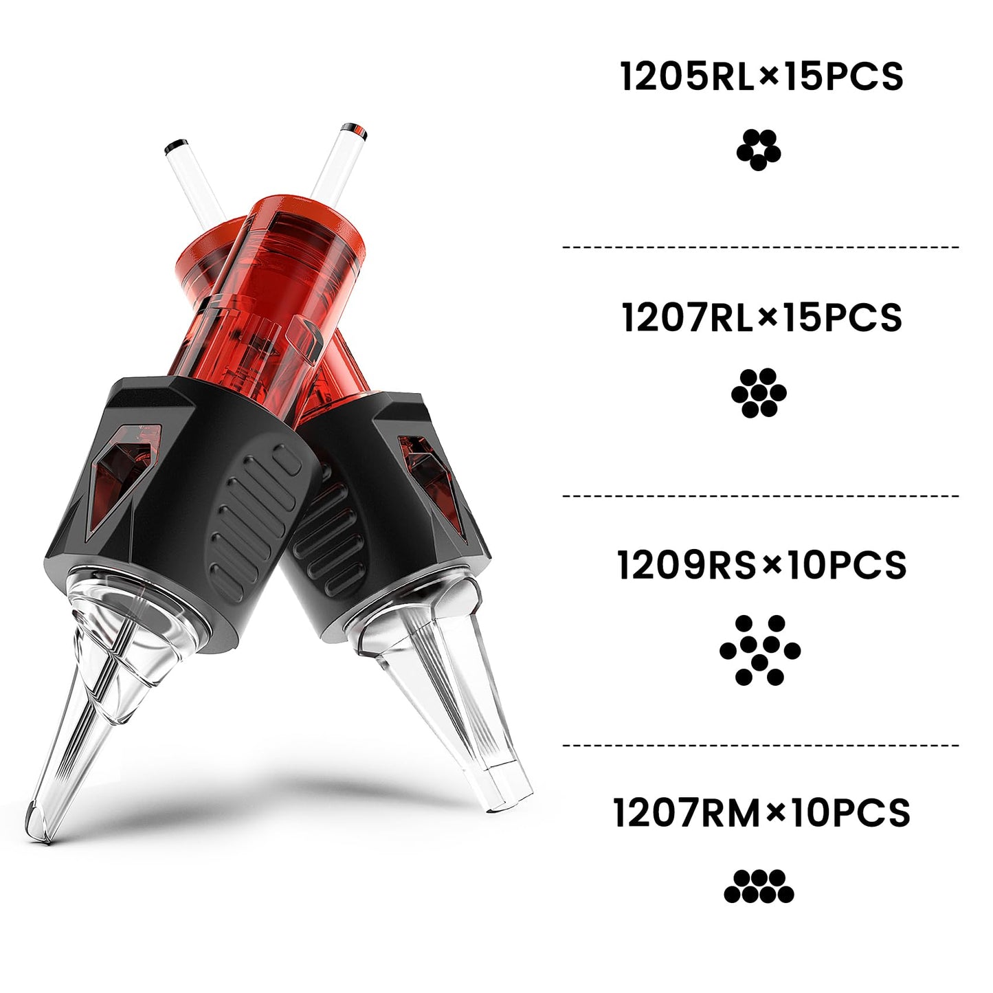 Ackbun 50-Pack Mixed Size Tattoo Needles — Finger Ledge Cartridges (1205RL/1207RL/1209RS/1207RM)