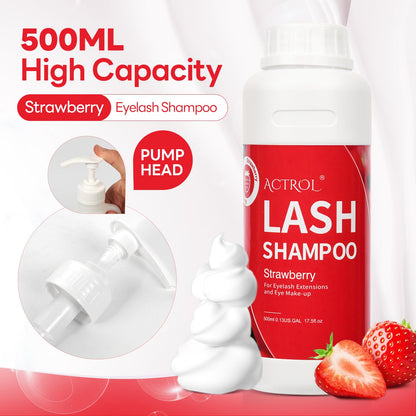 ACTROL Eyelash Extension Cleanser 500ml – Strawberry Natural Lash Shampoo, Paraben & Sulfate Free