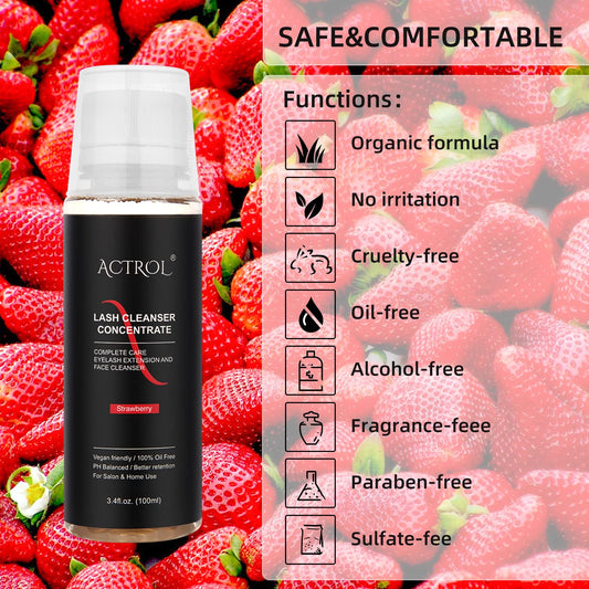 ACTROL Eyelash Cleanser Concentrate 100ml - Strawberry Lash Shampoo for Extensions