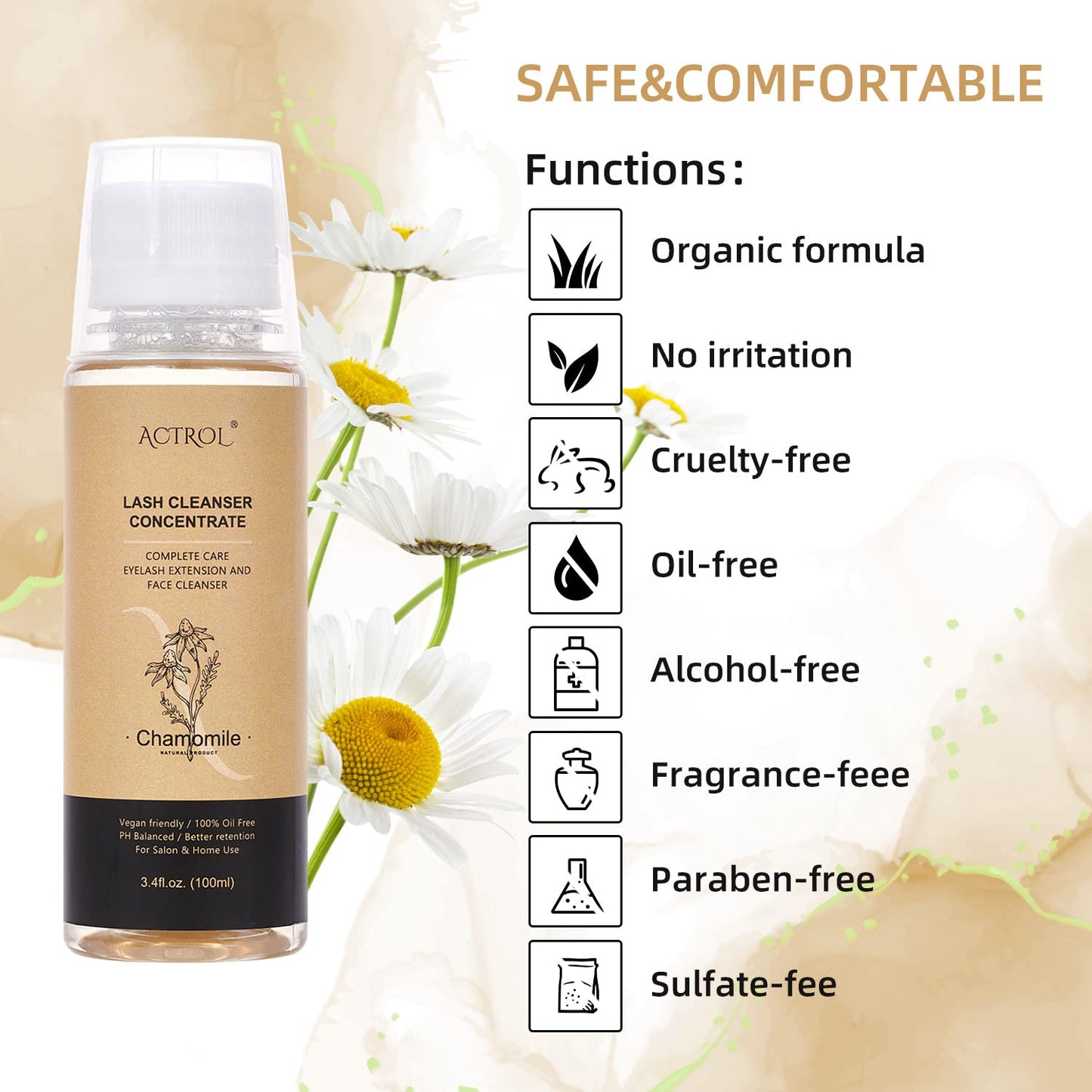 ACTROL Eyelash Cleanser Concentrate 100ml – Chamomile Foaming Lash Shampoo for Extensions (Paraben & Sulfate Free, Makes 20 Bottles)