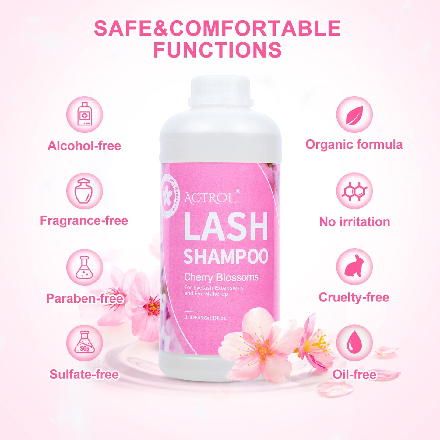 ACTROL Eyelash Extension Cleanser Cherry Blossom 1L | Natural Foaming Lash Shampoo for Salon & Home Care