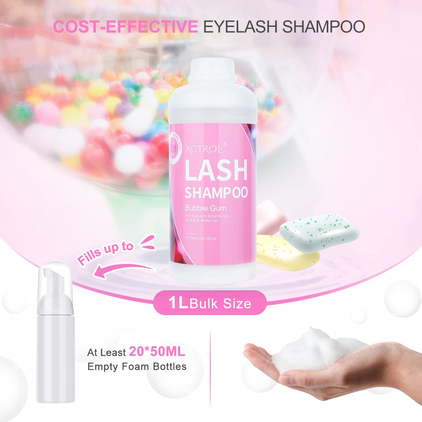 ACTROL Eyelash Extension Cleanser Bubble Gum 1L – Natural Lash Shampoo for Salon & Home Care