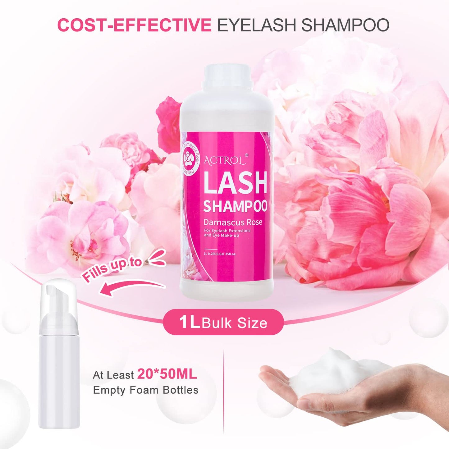 ACTROL Eyelash Extension Cleanser Rose 1L – Paraben & Sulfate Free, Professional Lash Shampoo