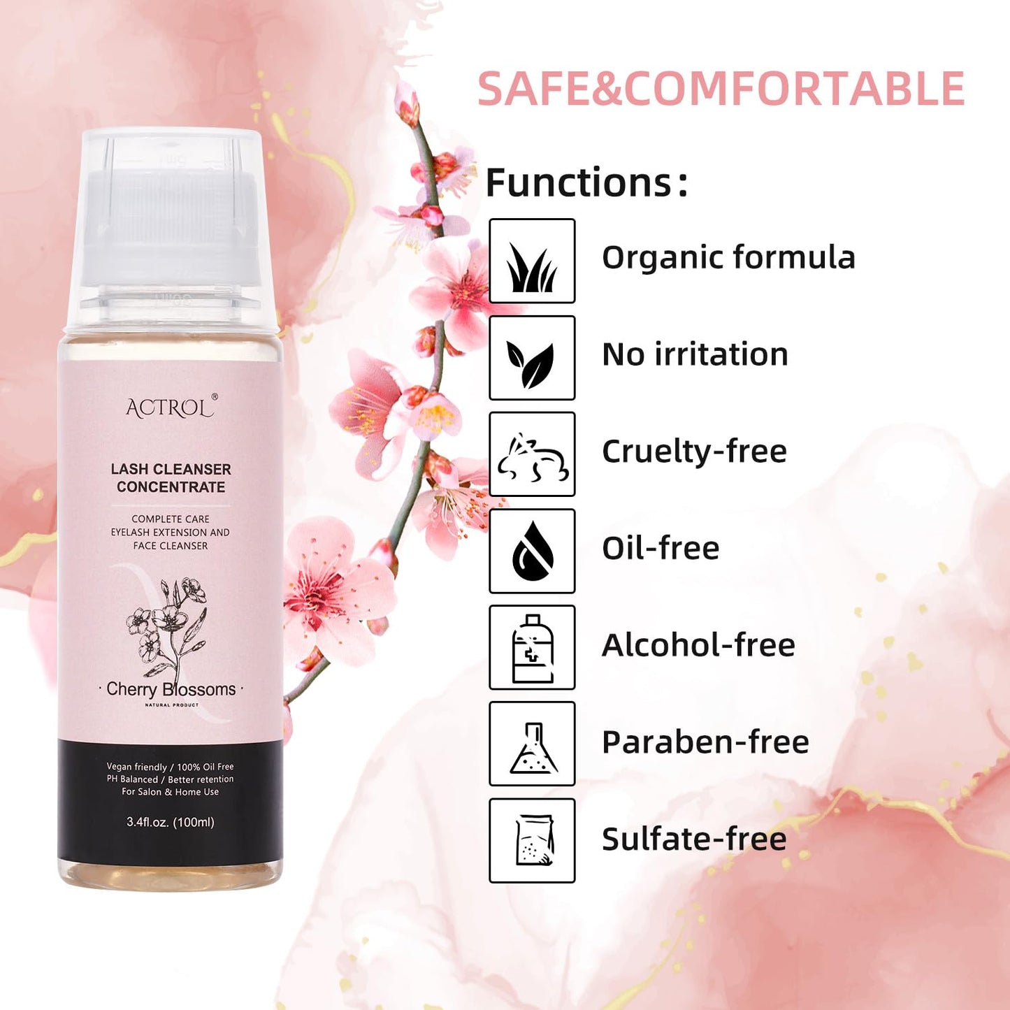 ACTROL Eyelash Shampoo Concentrate 100ml – Cherry Blossom Foaming Cleanser for Lash Extensions (DIY Mix)
