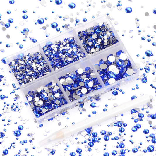 AD Beads 4300 Pieces Flat Back Nail Art Rhinestones – Royal Blue, 6 Sizes, Storage Box