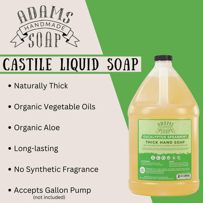 Adams Handmade Soap Liquid Castile Hand Soap, Thick & Mild – Eucalyptus Spearmint, 1 Gallon