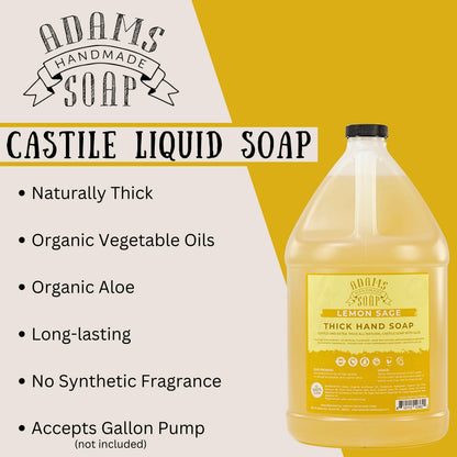 Adams Handmade Soap Thick Organic Castile Liquid Hand Soap - Lemon Sage, 1 Gallon Refill