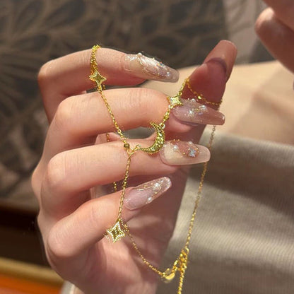 Gold Ice Crushing Star & Moon Necklace