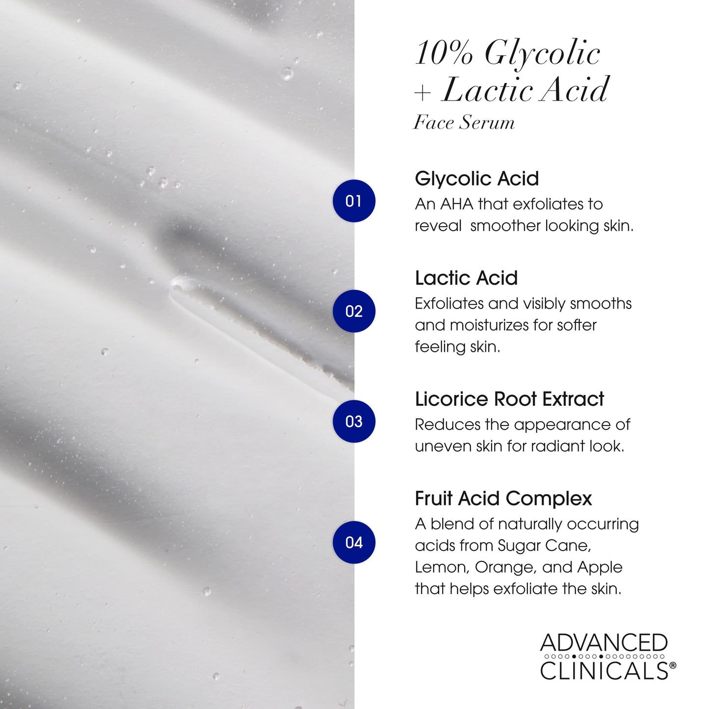 Advanced Clinicals 10% Glycolic + Lactic Acid Serum for Face — AHA + Salicylic Exfoliant, 1.75 oz