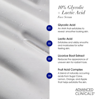 Advanced Clinicals 10% Glycolic + Lactic Acid Serum for Face — AHA + Salicylic Exfoliant, 1.75 oz