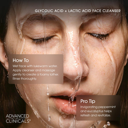 Advanced Clinicals Glycolic & Lactic Acid Exfoliating Face Wash – Gentle Daily Cleanser for Smooth, Radiant Skin | 11.75 fl oz