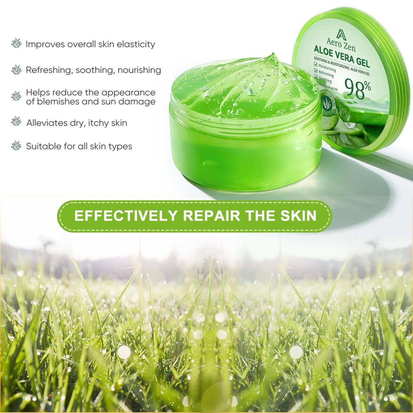 Aero Zen Organic Aloe Vera Gel – 98% Pure, 10oz for Face, Body & Hair