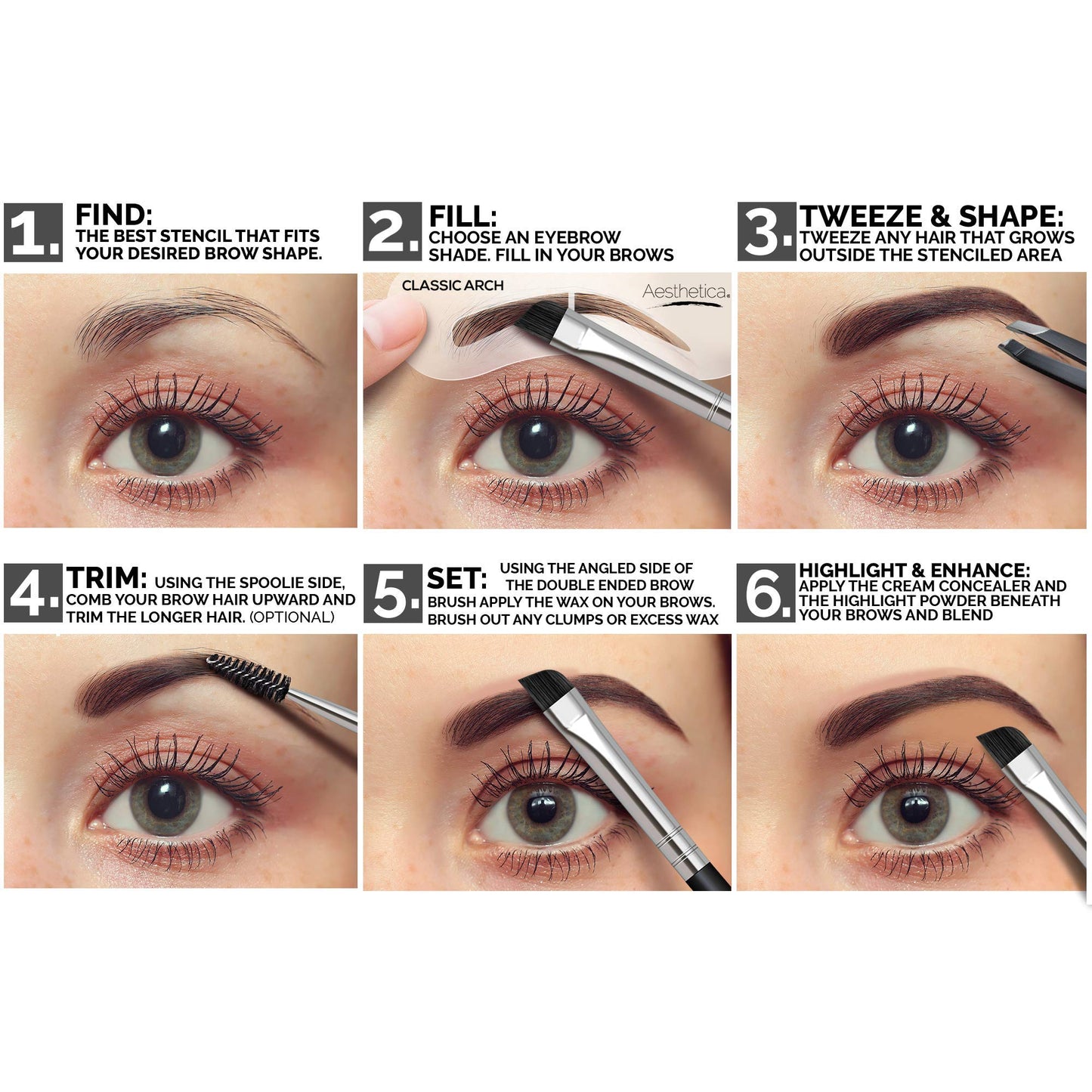 Aesthetica Brow Contour Kit – 16-Piece Eyebrow Palette with Powders, Stencils & Highlighter