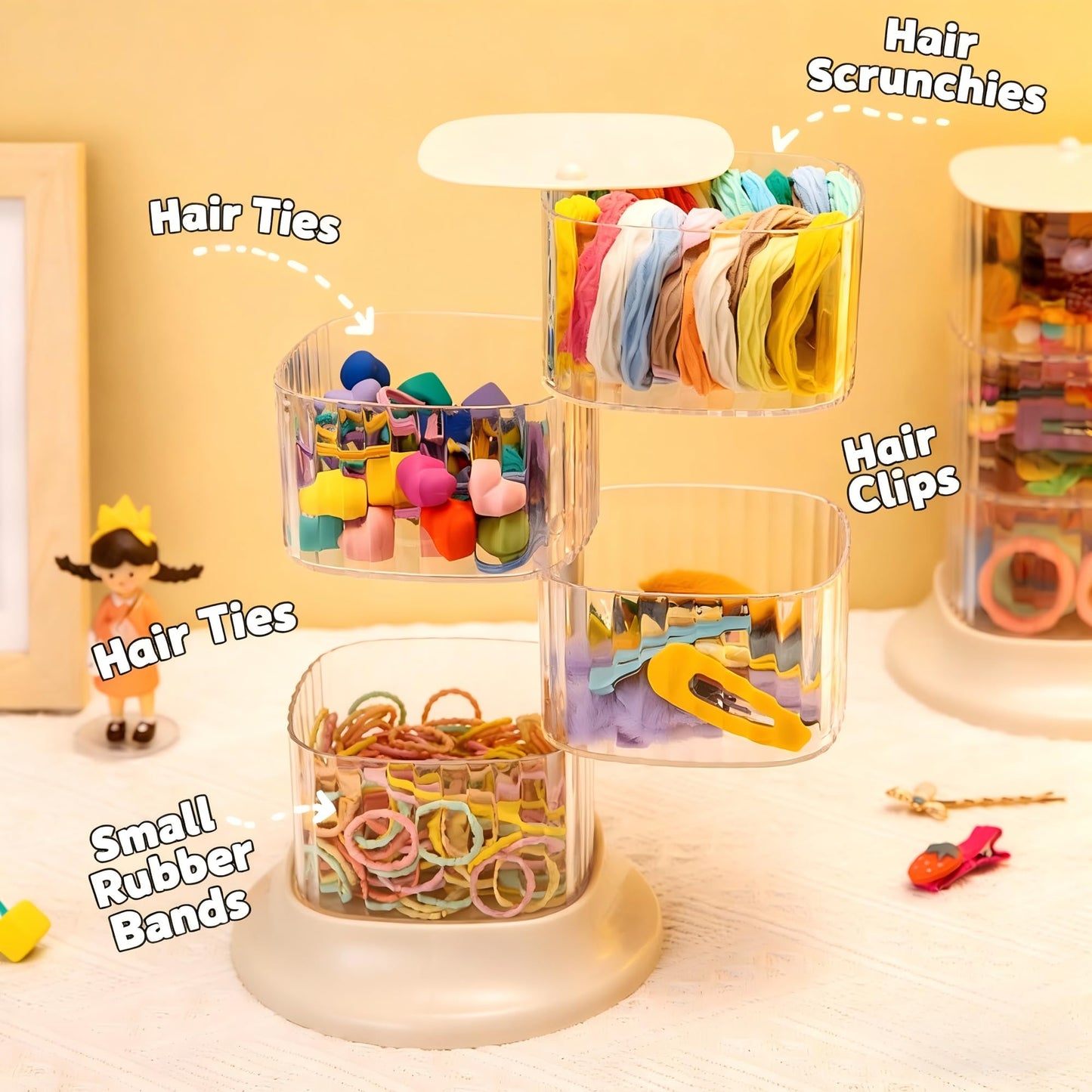 AevumTech Hair Accessory Organizer — 4-Layer Rotating Clear Organizer (White)