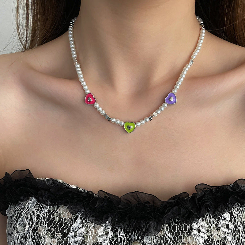 Colourful Heart Beaded Pearl Necklace