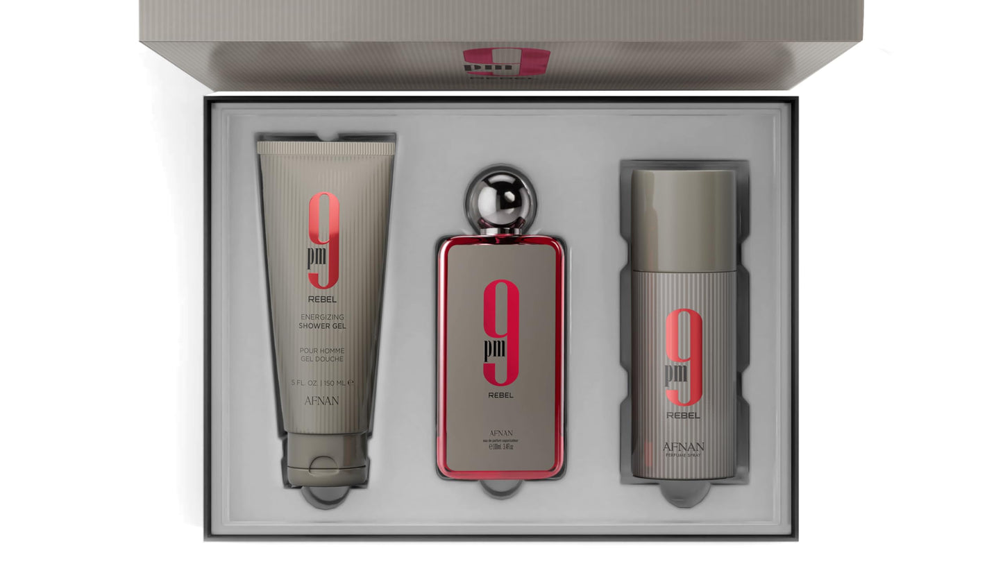 Afnan 9 PM Rebel Unisex Luxury Gift Set – EDP 3.4 oz, Deodorant 5 oz, Shower Gel 5 oz