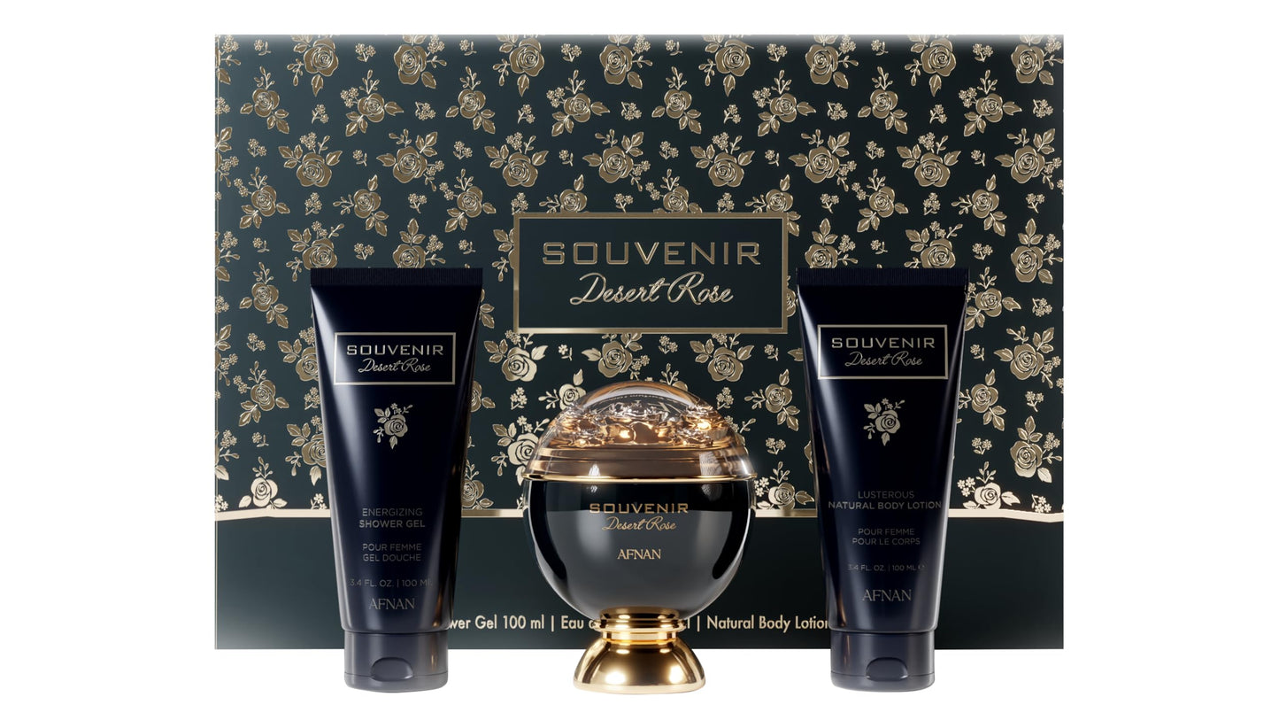 Afnan Souvenir Desert Rose Gift Set – Eau de Parfum, Body Lotion & Shower Gel | Luxurious Unisex Fragrance