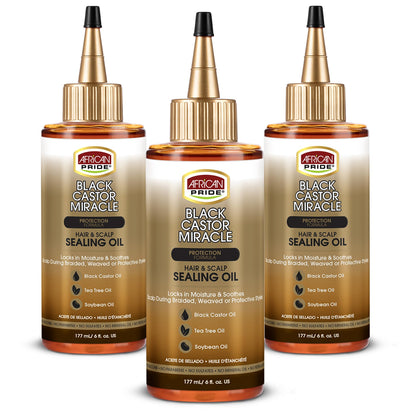 African Pride Black Castor Miracle Oil – Hair & Scalp Sealing Oil with Castor, Tea Tree & Soybean Oil | 6oz Pack of 3