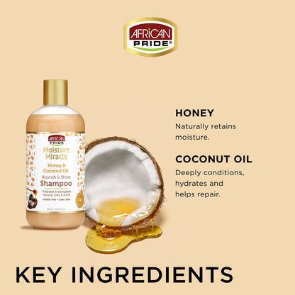 African Pride Moisture Miracle Honey & Coconut Oil Shampoo – For Natural Coils & Curls, Sulfate Free, Color Safe, 12 oz (3 Pack)
