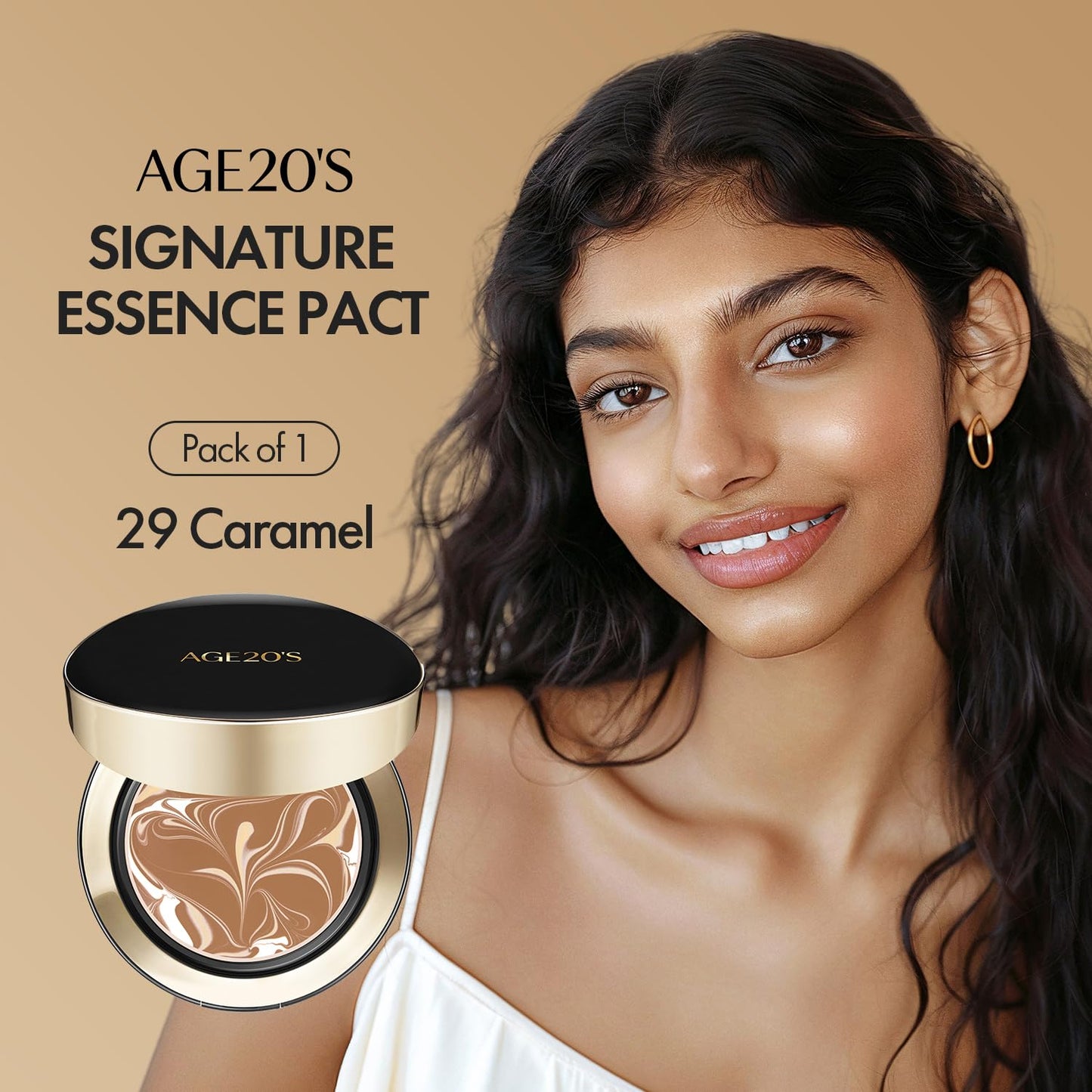 AGE 20's Signature Essence Pact SPF50+ Cream Foundation – 29 Caramel, Dewy Finish, Natural Coverage | Korean Cushion