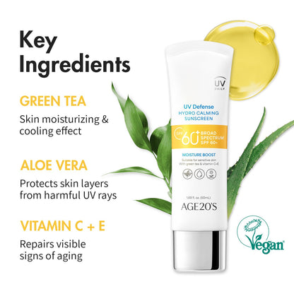 AGE 20's UV Defense Hydro Calming Sunscreen SPF 60+ | Creamy, Lightweight, No White Cast | Green Tea + Aloe Vera | Dermatest Excellent