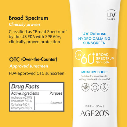 AGE 20's UV Defense Hydro Calming Sunscreen SPF 60+ | Creamy, Lightweight, No White Cast | Green Tea + Aloe Vera | Dermatest Excellent