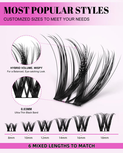 AGGRAD Flora Lash Clusters Kit Wispy Hybrid 8-18mm DIY Lashes with Bond & Seal