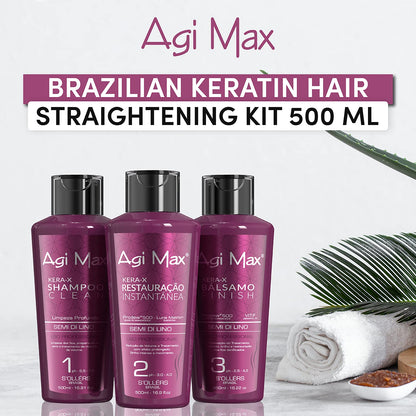 Agi Max Brazilian Keratin Hair Treatment Kit – 3 Steps, 1L, Frizz & Curl Control