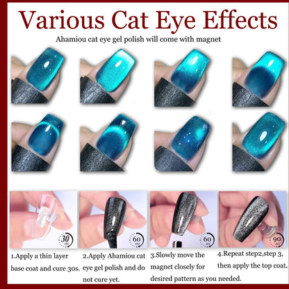 AHAMIOU Crystal Cat Eye Gel Polish Kit – Magnetic Nail Polish Set with Holographic Cats Eyes