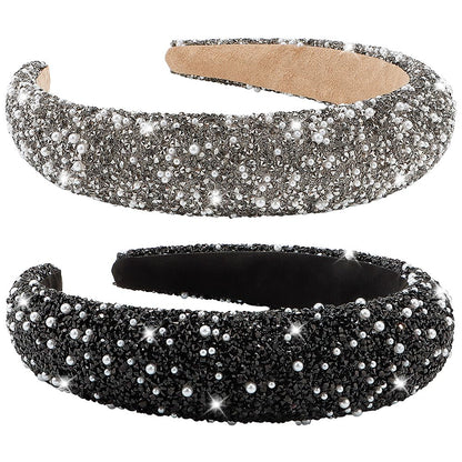 AHONEY 2 Pack Rhinestone Headband – Glitter Sequin Pearl Hair Accessories for Women & Girls (Black & Grey)