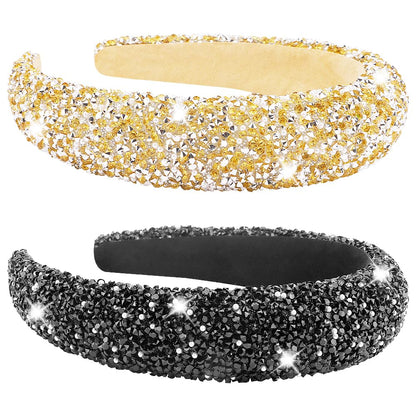 AHONEY 2 Pack Rhinestone Headbands – Padded Glitter Hair Accessories, Black & Gold