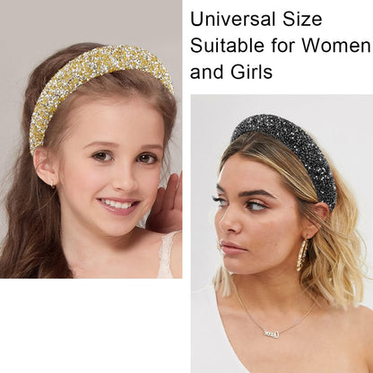AHONEY 2 Pack Rhinestone Headbands – Padded Glitter Hair Accessories, Black & Gold