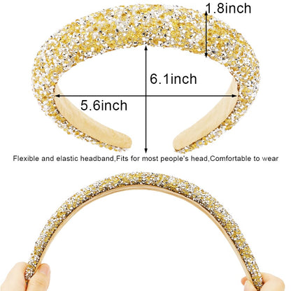 AHONEY 2 Pack Rhinestone Headbands – Padded Glitter Hair Accessories, Black & Gold