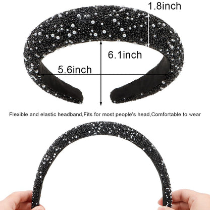 AHONEY 2 Pack Rhinestone Headband – Glitter Sequin Pearl Hair Accessories for Women & Girls (Black & Grey)